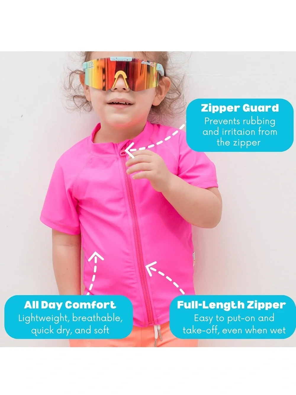 Kids Hot Pink Short-Sleeve Zip Front Swim Shirt 18-24 Months